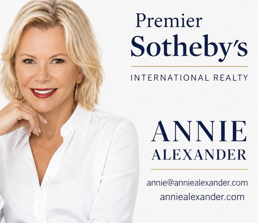 A graphic of Annie Alexander, a real estate agent with Premier Sotheby's International Realty serving The Villages in Florida. On the left side of the graphic is a picture of Annie -- she is smiling and looks very professional with shoulder-length blond hair, gold hoop earrings, and a crisp white button-up shirt. In the top right corner of the graphic are the words, "Premier Sotheby's International Realty." In the bottom right corner of the graphic are the words, "Annie Alexander," her email address annie@anniealexander.com, and her website anniealexander.com.